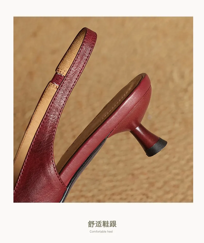 Women's Roman-style French sandals made of top-grain cowhide, pointed toe, open back, Mary Jane style, single strap, small heel, closed toe.