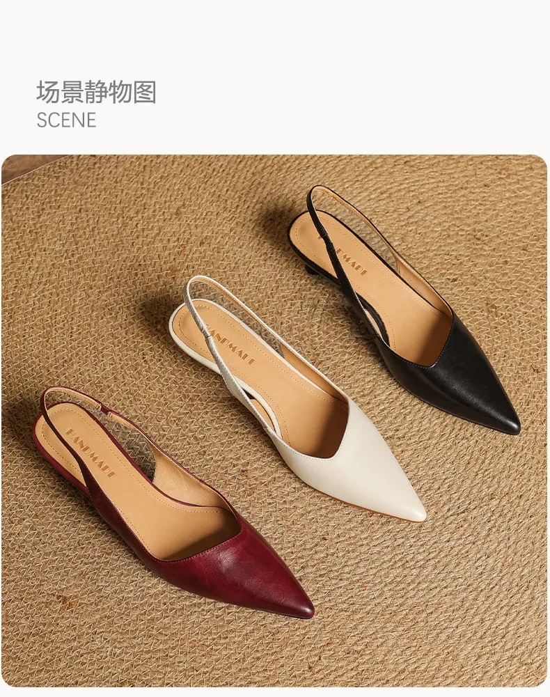 Women's Roman-style French sandals made of top-grain cowhide, pointed toe, open back, Mary Jane style, single strap, small heel, closed toe.