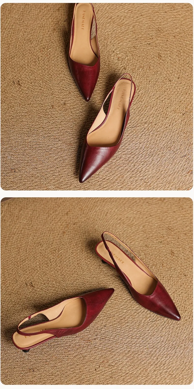 Women's Roman-style French sandals made of top-grain cowhide, pointed toe, open back, Mary Jane style, single strap, small heel, closed toe.