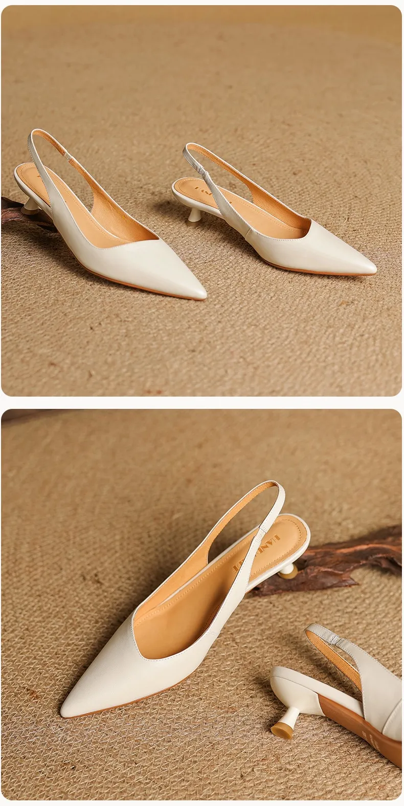 Women's Roman-style French sandals made of top-grain cowhide, pointed toe, open back, Mary Jane style, single strap, small heel, closed toe.
