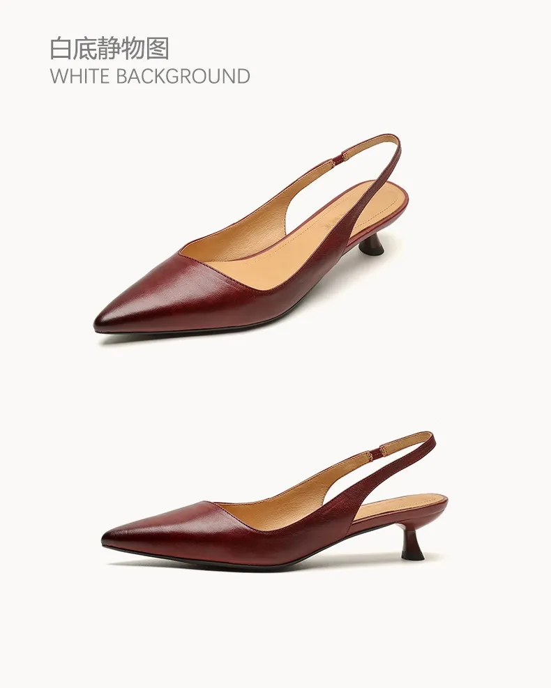 Women's Roman-style French sandals made of top-grain cowhide, pointed toe, open back, Mary Jane style, single strap, small heel, closed toe.