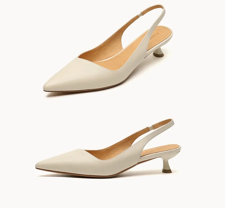Women's Roman-style French sandals made of top-grain cowhide, pointed toe, open back, Mary Jane style, single strap, small heel, closed toe.