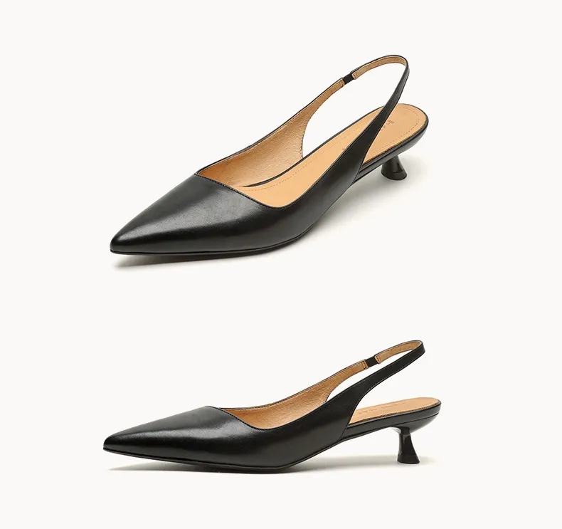 Women's Roman-style French sandals made of top-grain cowhide, pointed toe, open back, Mary Jane style, single strap, small heel, closed toe.