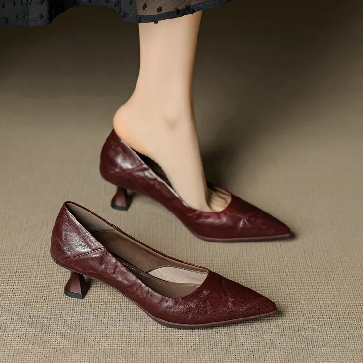 Low-cut pointed-toe high-heeled fashion sheepskin women's shoes, black, white, red, 12-17h
