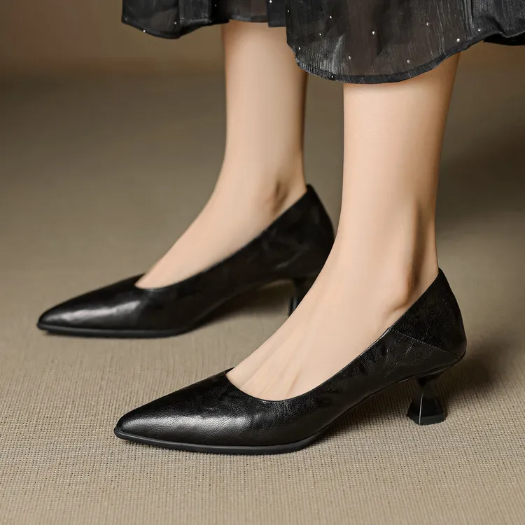 Low-cut pointed-toe high-heeled fashion sheepskin women's shoes, black, white, red, 12-17h