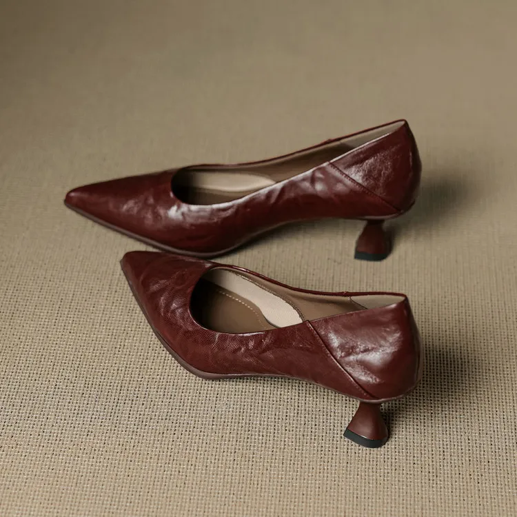 Low-cut pointed-toe high-heeled fashion sheepskin women's shoes, black, white, red, 12-17h
