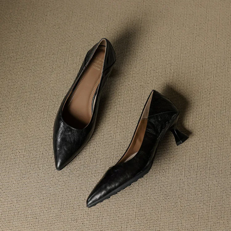 Low-cut pointed-toe high-heeled fashion sheepskin women's shoes, black, white, red, 12-17h