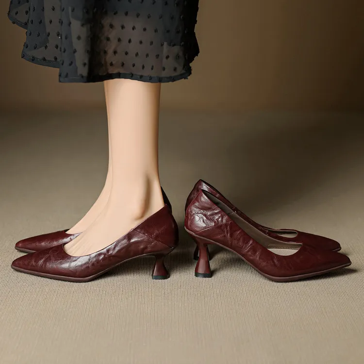 Low-cut pointed-toe high-heeled fashion sheepskin women's shoes, black, white, red, 12-17h