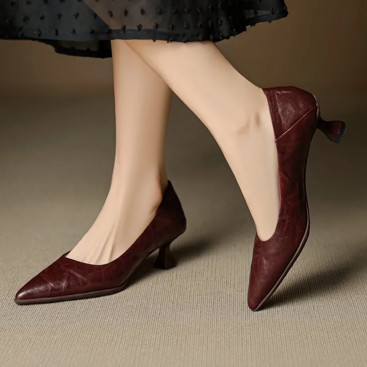 Low-cut pointed-toe high-heeled fashion sheepskin women's shoes, black, white, red, 12-17h