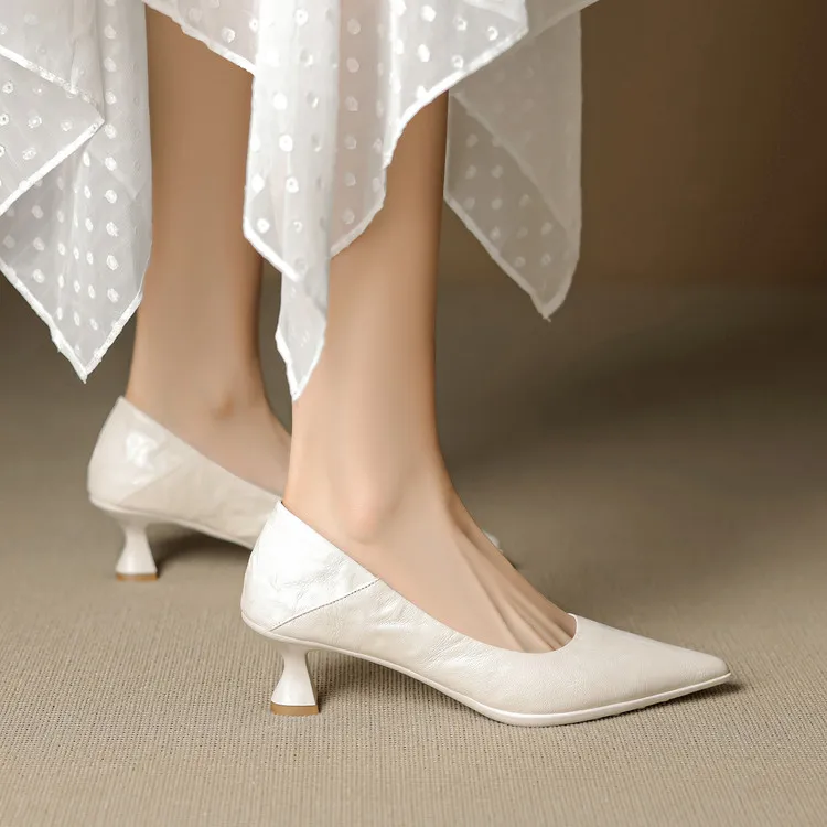 Low-cut pointed-toe high-heeled fashion sheepskin women's shoes, black, white, red, 12-17h