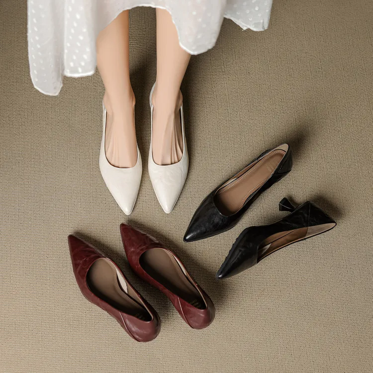 Low-cut pointed-toe high-heeled fashion sheepskin women's shoes, black, white, red, 12-17h