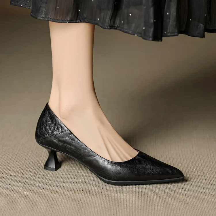 Low-cut pointed-toe high-heeled fashion sheepskin women's shoes, black, white, red, 12-17h