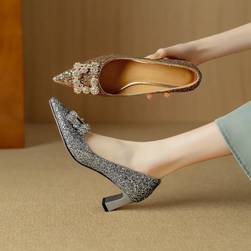 Spring/Autumn Chunky Heel Champagne Gold French High Heels Women's Shoes with Rhinestone Square Buckle, Wedding Shoes, Bridesmaid Dress Shoes