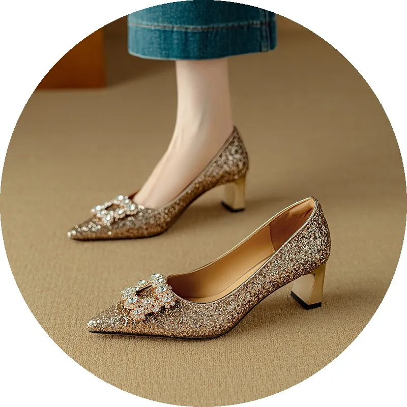 Spring/Autumn Chunky Heel Champagne Gold French High Heels Women's Shoes with Rhinestone Square Buckle, Wedding Shoes, Bridesmaid Dress Shoes