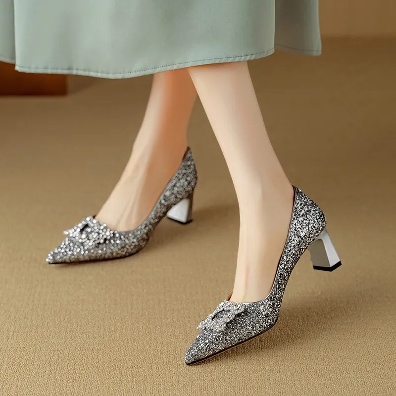 Spring/Autumn Chunky Heel Champagne Gold French High Heels Women's Shoes with Rhinestone Square Buckle, Wedding Shoes, Bridesmaid Dress Shoes