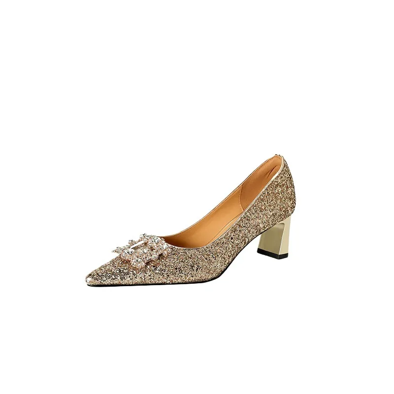 Spring/Autumn Chunky Heel Champagne Gold French High Heels Women's Shoes with Rhinestone Square Buckle, Wedding Shoes, Bridesmaid Dress Shoes