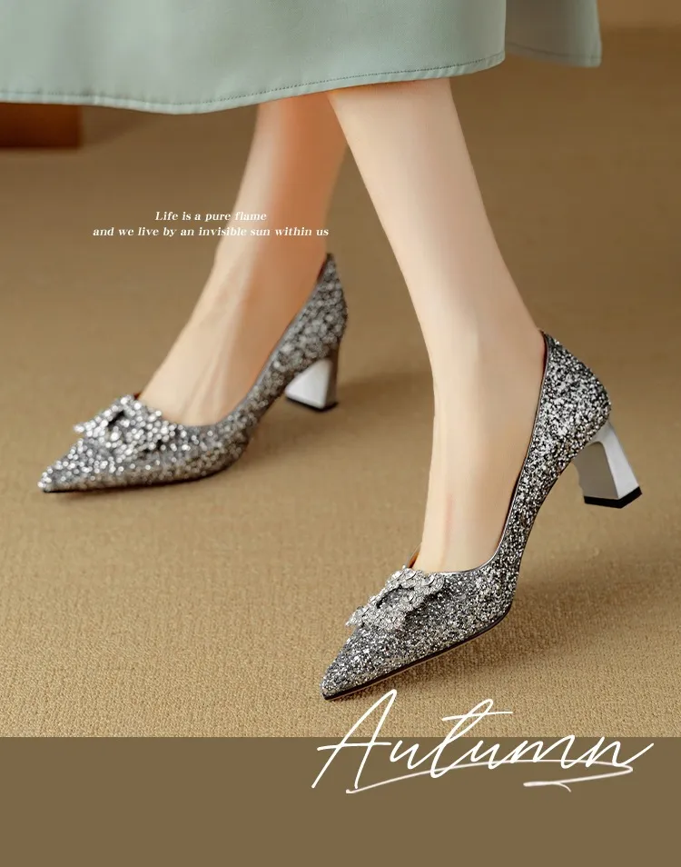 Spring/Autumn Chunky Heel Champagne Gold French High Heels Women's Shoes with Rhinestone Square Buckle, Wedding Shoes, Bridesmaid Dress Shoes