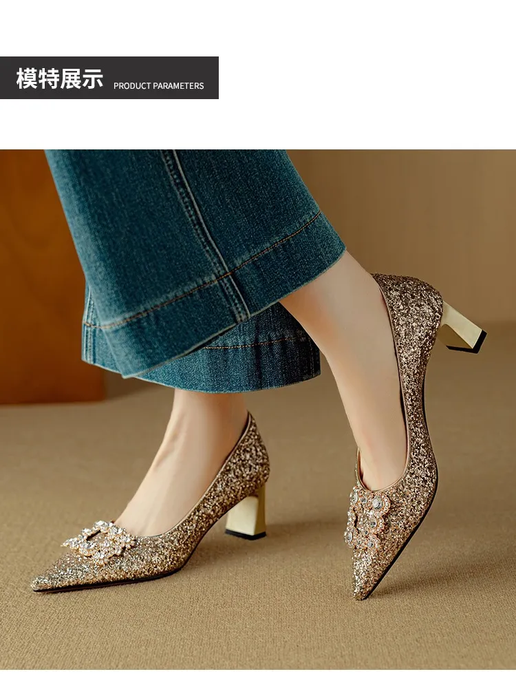 Spring/Autumn Chunky Heel Champagne Gold French High Heels Women's Shoes with Rhinestone Square Buckle, Wedding Shoes, Bridesmaid Dress Shoes