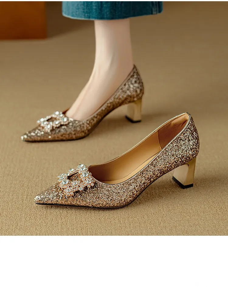 Spring/Autumn Chunky Heel Champagne Gold French High Heels Women's Shoes with Rhinestone Square Buckle, Wedding Shoes, Bridesmaid Dress Shoes