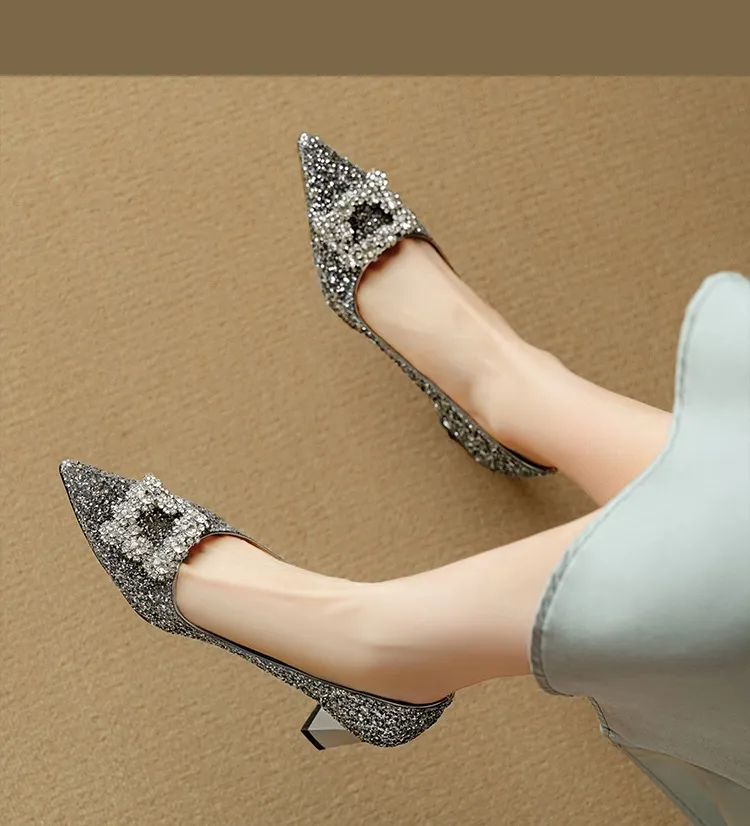 Spring/Autumn Chunky Heel Champagne Gold French High Heels Women's Shoes with Rhinestone Square Buckle, Wedding Shoes, Bridesmaid Dress Shoes