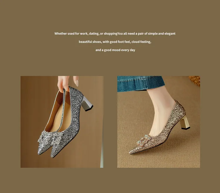 Spring/Autumn Chunky Heel Champagne Gold French High Heels Women's Shoes with Rhinestone Square Buckle, Wedding Shoes, Bridesmaid Dress Shoes