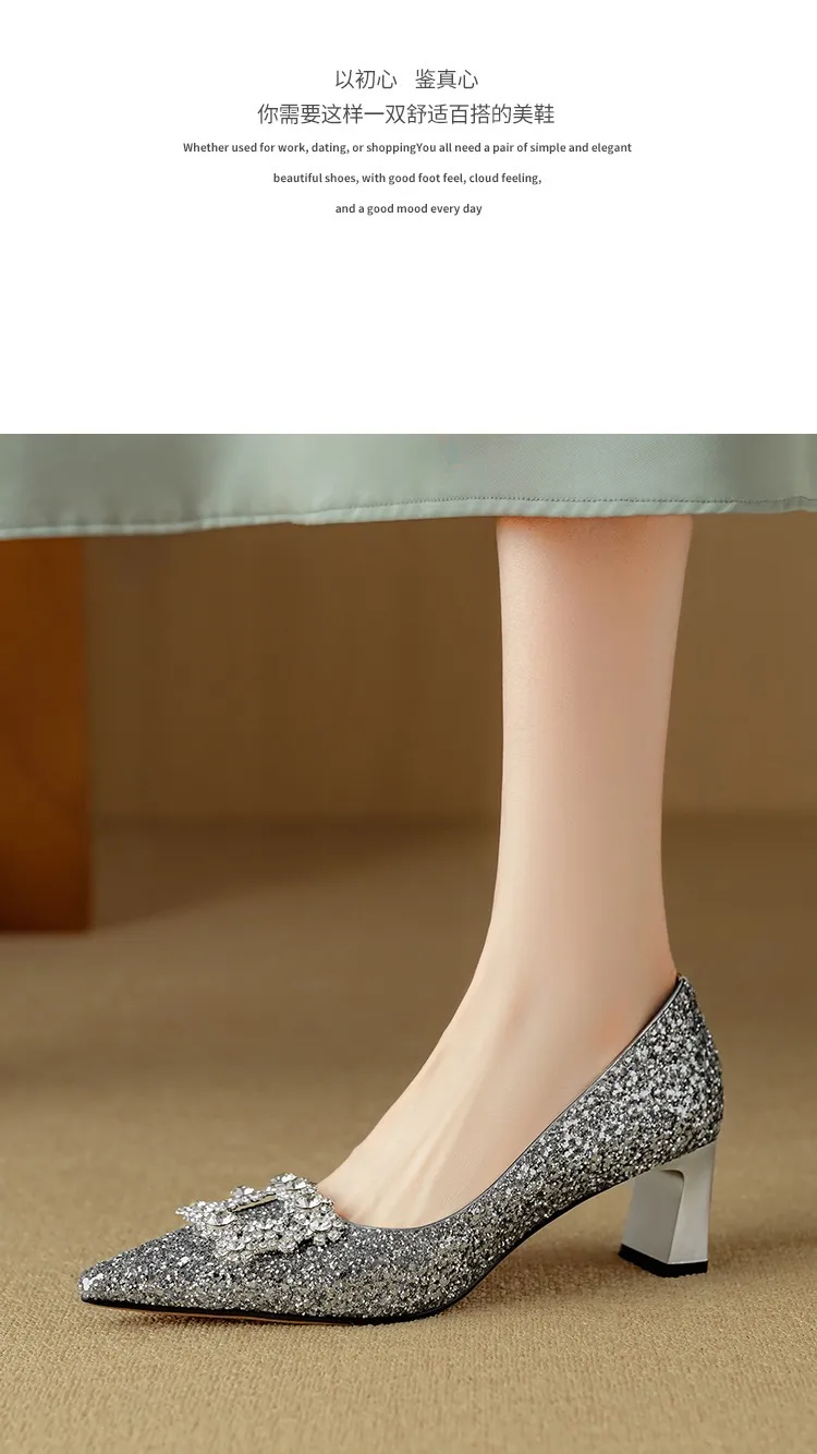Spring/Autumn Chunky Heel Champagne Gold French High Heels Women's Shoes with Rhinestone Square Buckle, Wedding Shoes, Bridesmaid Dress Shoes