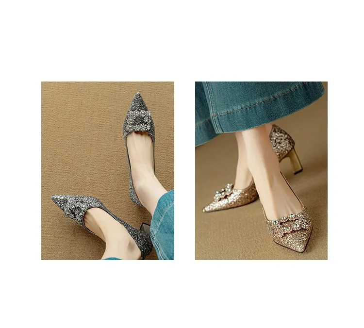 Spring/Autumn Chunky Heel Champagne Gold French High Heels Women's Shoes with Rhinestone Square Buckle, Wedding Shoes, Bridesmaid Dress Shoes