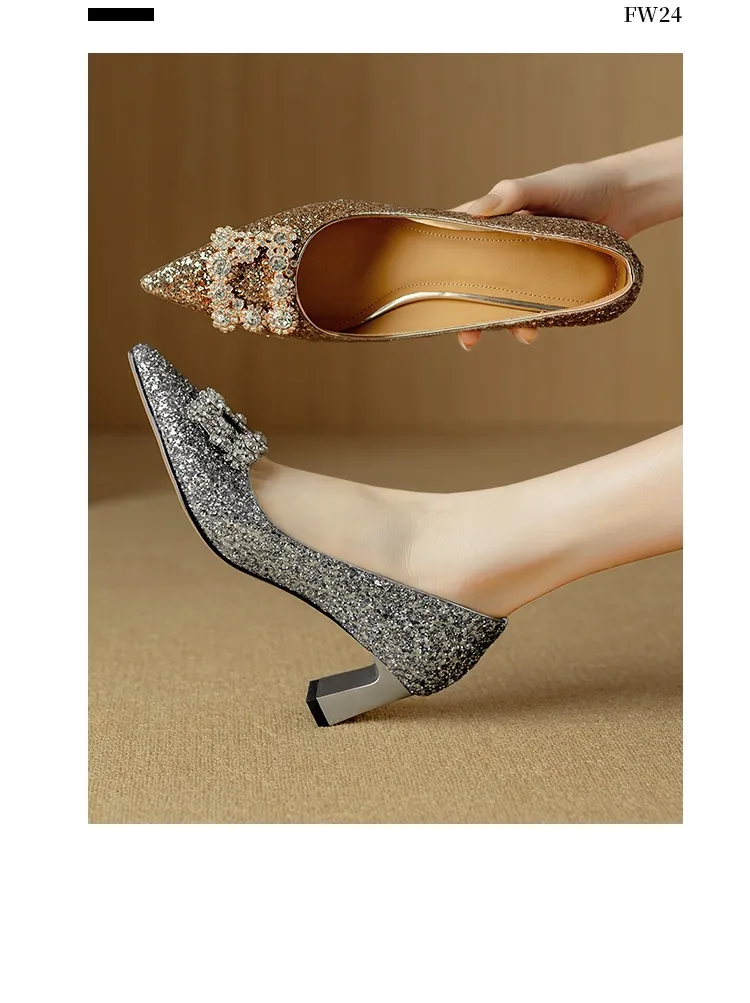 Spring/Autumn Chunky Heel Champagne Gold French High Heels Women's Shoes with Rhinestone Square Buckle, Wedding Shoes, Bridesmaid Dress Shoes