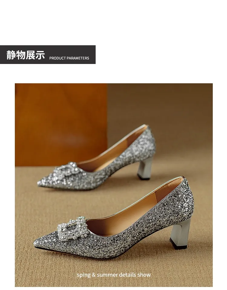 Spring/Autumn Chunky Heel Champagne Gold French High Heels Women's Shoes with Rhinestone Square Buckle, Wedding Shoes, Bridesmaid Dress Shoes