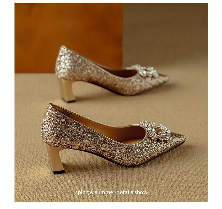 Spring/Autumn Chunky Heel Champagne Gold French High Heels Women's Shoes with Rhinestone Square Buckle, Wedding Shoes, Bridesmaid Dress Shoes