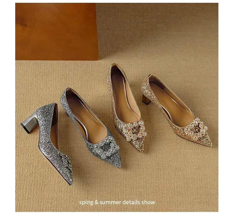 Spring/Autumn Chunky Heel Champagne Gold French High Heels Women's Shoes with Rhinestone Square Buckle, Wedding Shoes, Bridesmaid Dress Shoes