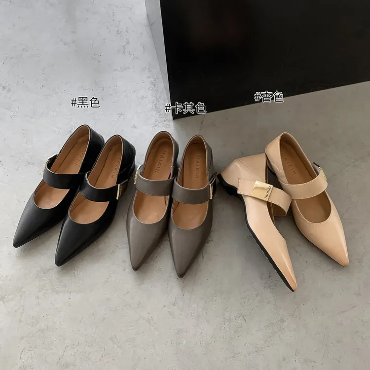Women's low-cut pointed-toe wedge heel cowhide fashion shoes, black, gray, apricot, 12-17i