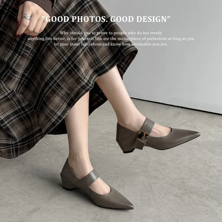 Women's low-cut pointed-toe wedge heel cowhide fashion shoes, black, gray, apricot, 12-17i