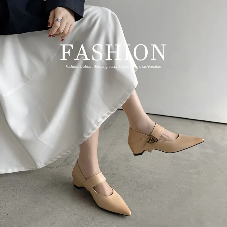 Women's low-cut pointed-toe wedge heel cowhide fashion shoes, black, gray, apricot, 12-17i