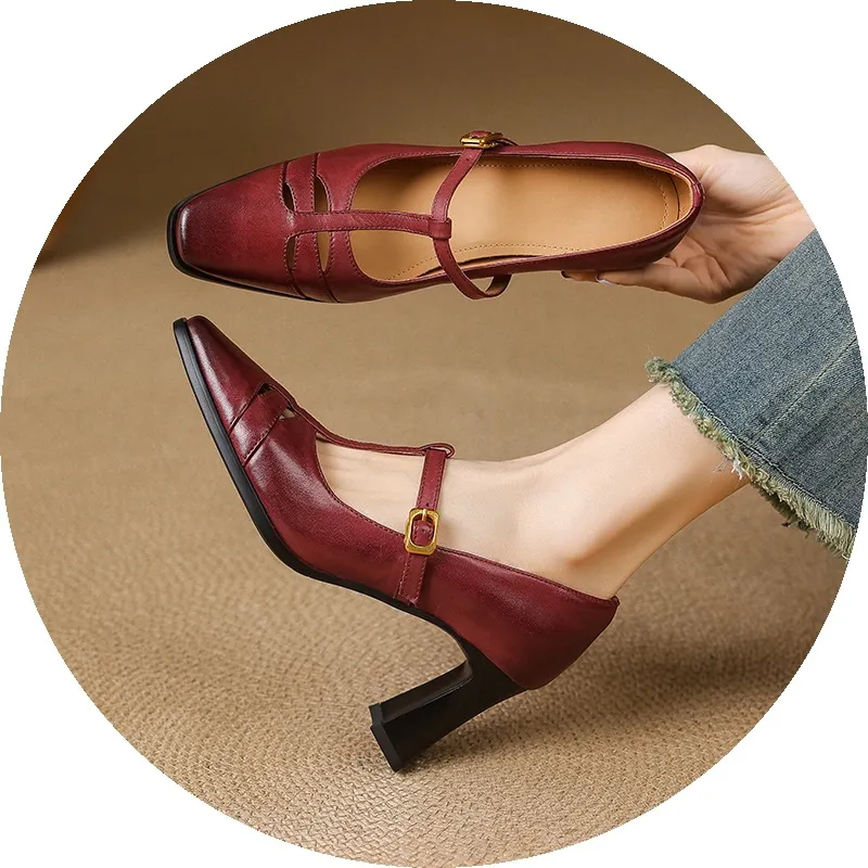 Fashionable spring and autumn hollowed-out shallow open single shoes, first layer washed cowhide square toe Mary Jane shoes for women