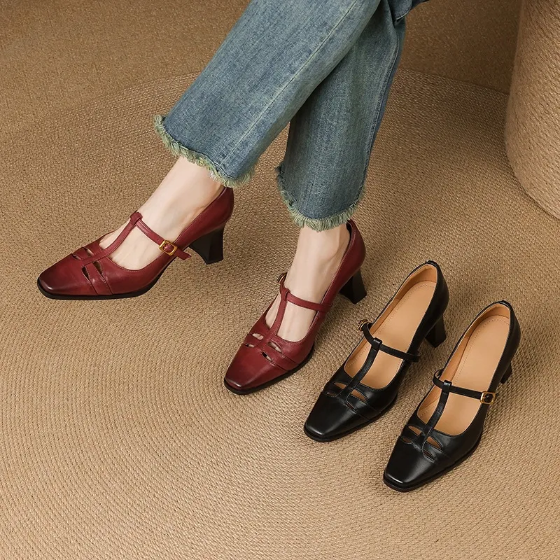 Fashionable spring and autumn hollowed-out shallow open single shoes, first layer washed cowhide square toe Mary Jane shoes for women
