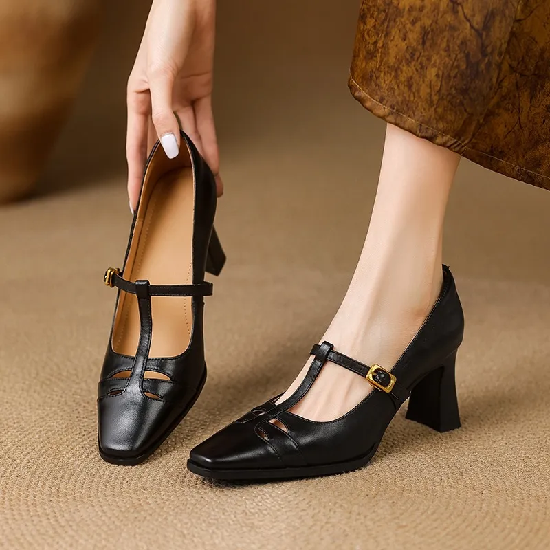 Fashionable spring and autumn hollowed-out shallow open single shoes, first layer washed cowhide square toe Mary Jane shoes for women