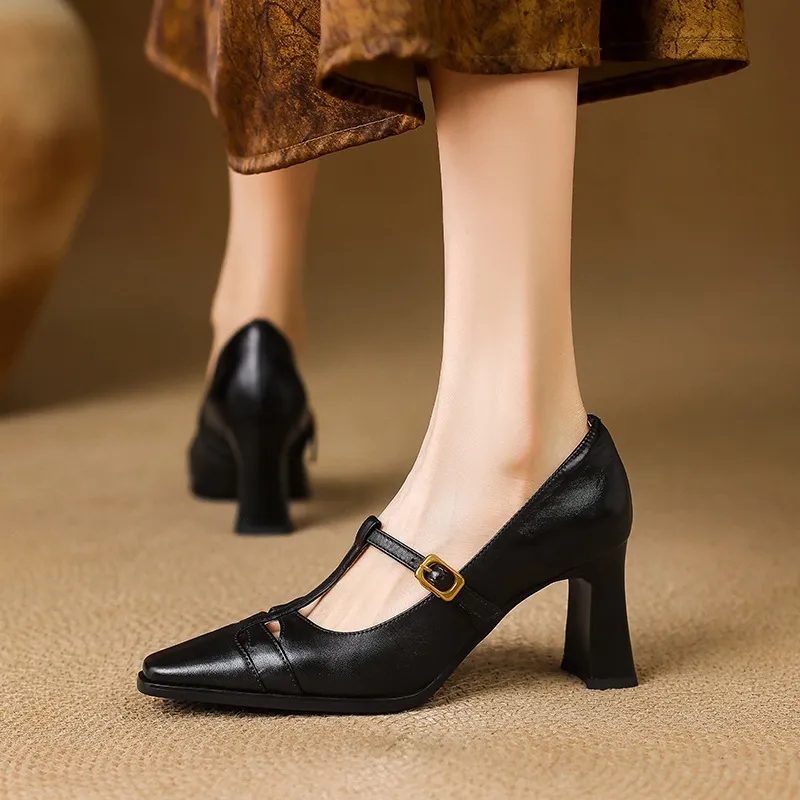 Fashionable spring and autumn hollowed-out shallow open single shoes, first layer washed cowhide square toe Mary Jane shoes for women