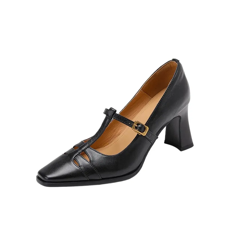Fashionable spring and autumn hollowed-out shallow open single shoes, first layer washed cowhide square toe Mary Jane shoes for women