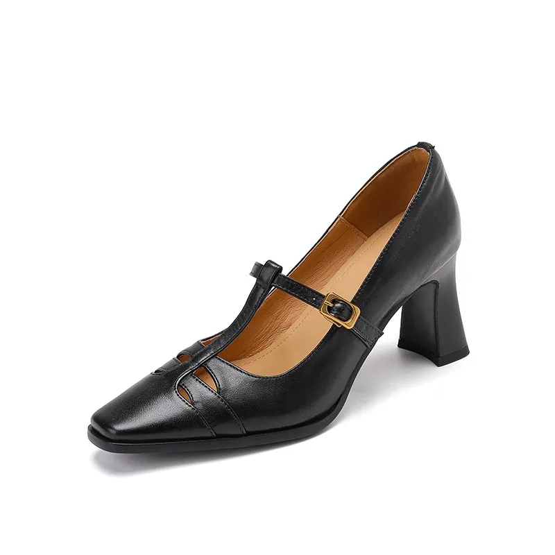 Fashionable spring and autumn hollowed-out shallow open single shoes, first layer washed cowhide square toe Mary Jane shoes for women