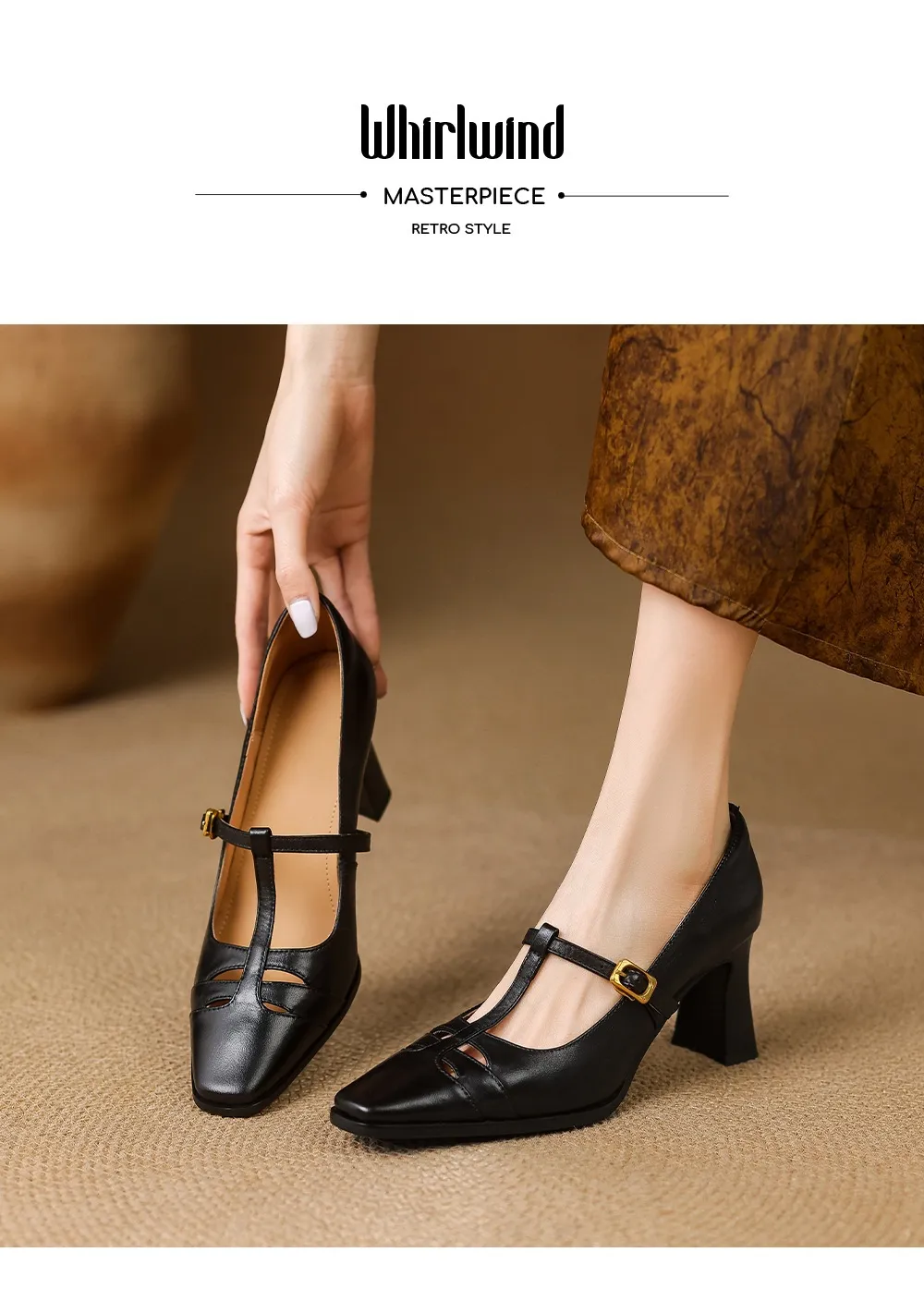 Fashionable spring and autumn hollowed-out shallow open single shoes, first layer washed cowhide square toe Mary Jane shoes for women