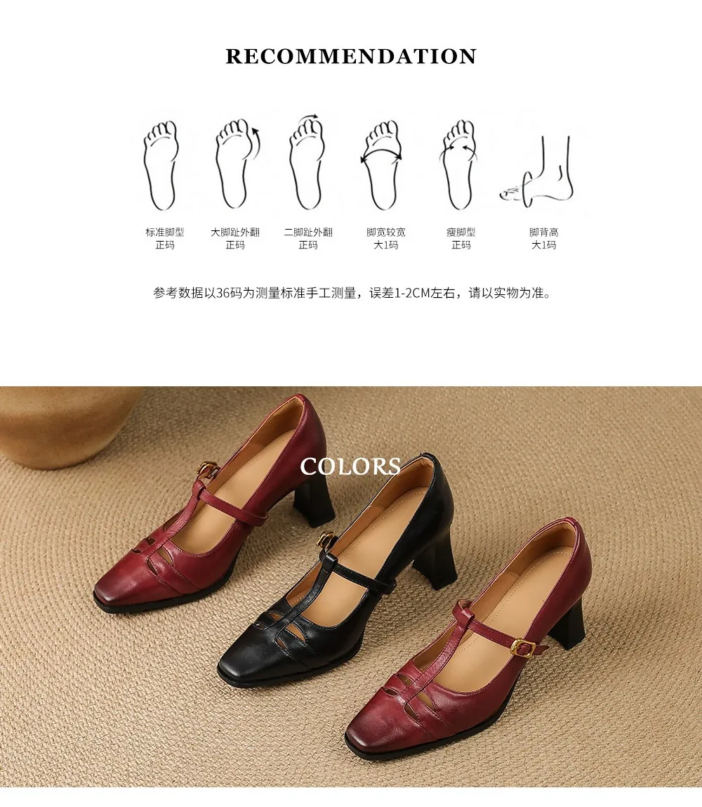 Fashionable spring and autumn hollowed-out shallow open single shoes, first layer washed cowhide square toe Mary Jane shoes for women