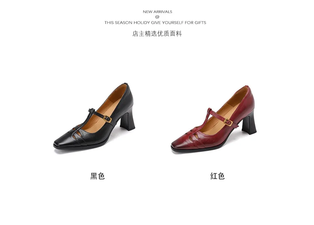 Fashionable spring and autumn hollowed-out shallow open single shoes, first layer washed cowhide square toe Mary Jane shoes for women