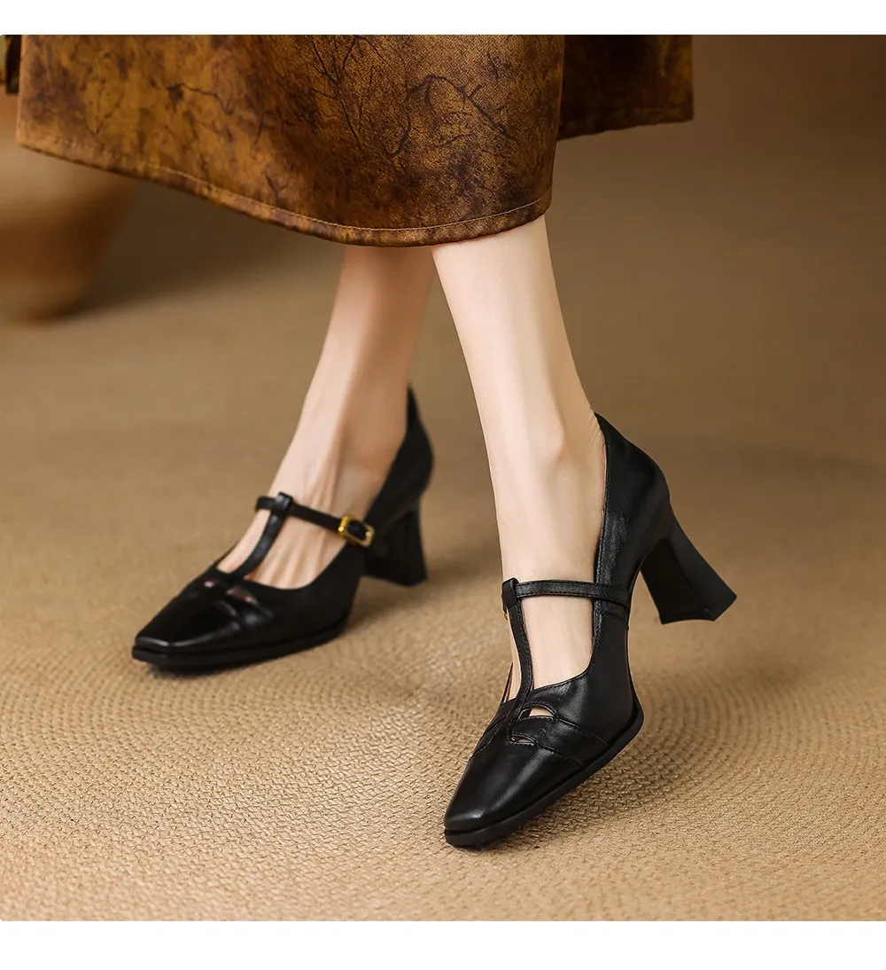 Fashionable spring and autumn hollowed-out shallow open single shoes, first layer washed cowhide square toe Mary Jane shoes for women