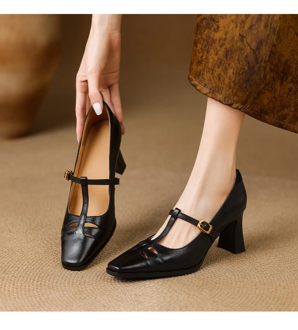 Fashionable spring and autumn hollowed-out shallow open single shoes, first layer washed cowhide square toe Mary Jane shoes for women