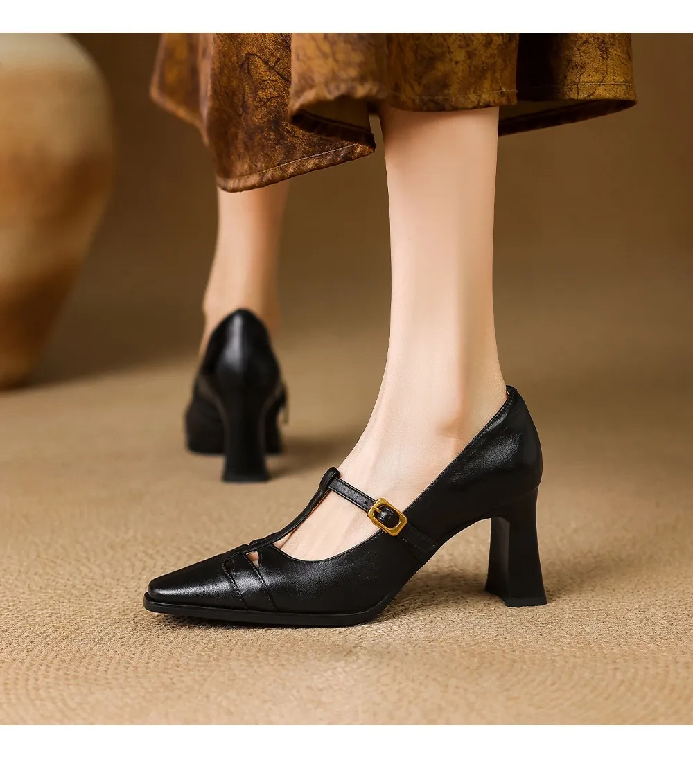 Fashionable spring and autumn hollowed-out shallow open single shoes, first layer washed cowhide square toe Mary Jane shoes for women