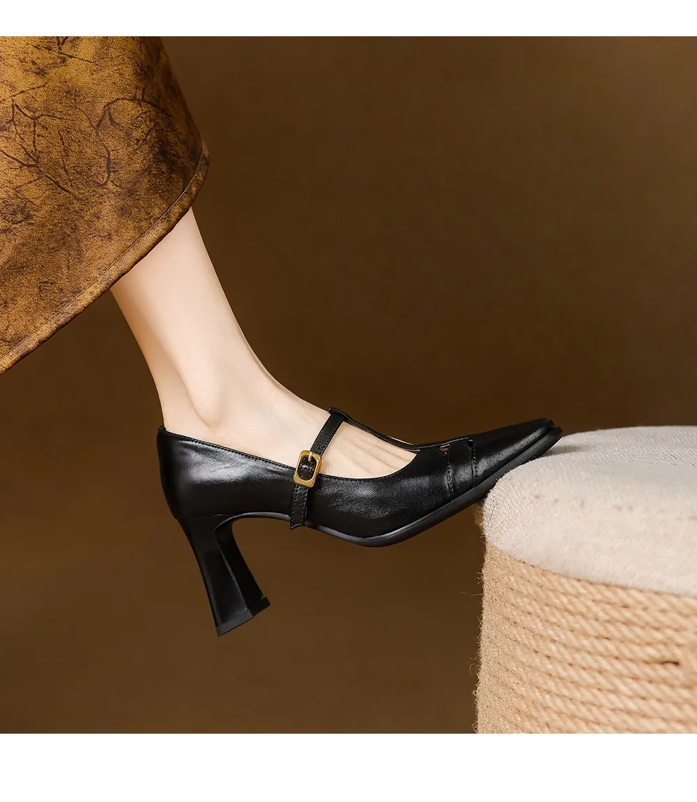 Fashionable spring and autumn hollowed-out shallow open single shoes, first layer washed cowhide square toe Mary Jane shoes for women
