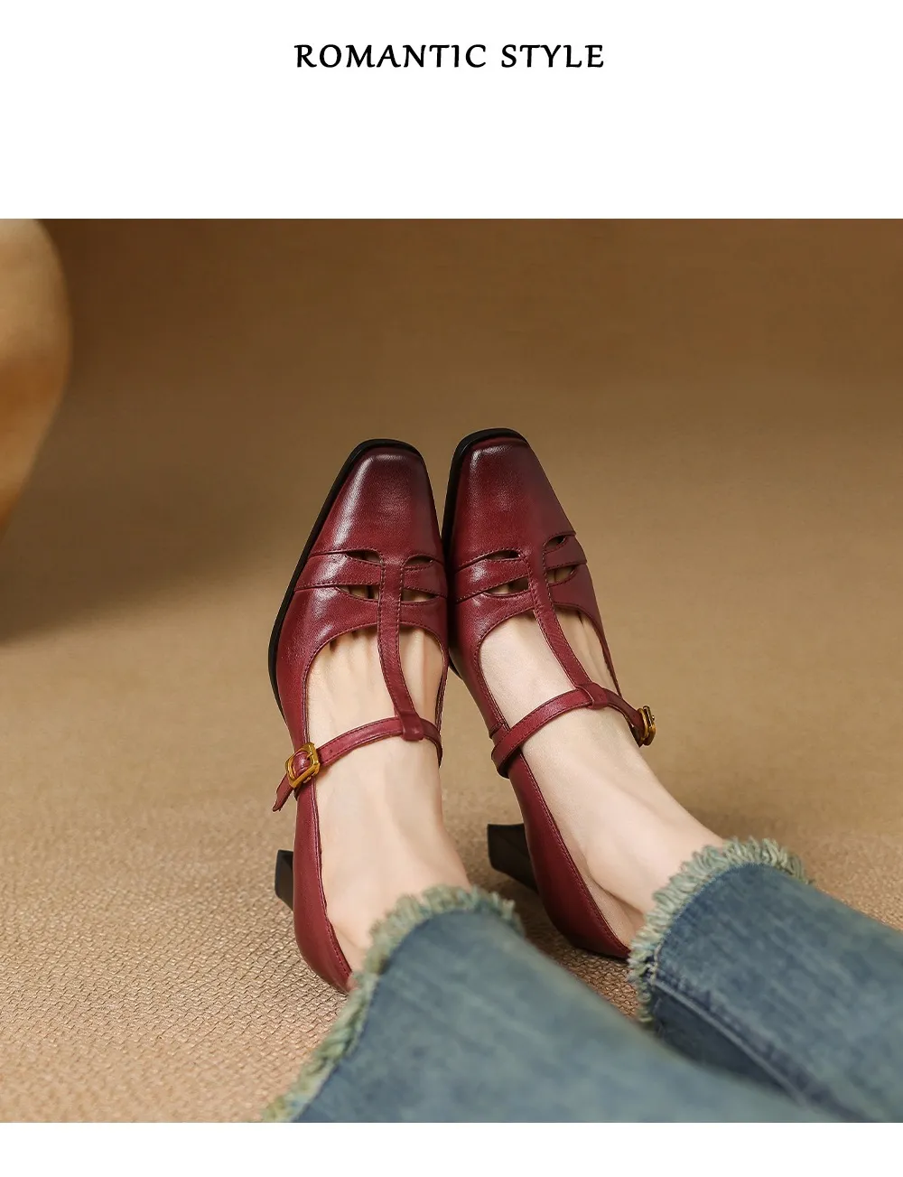 Fashionable spring and autumn hollowed-out shallow open single shoes, first layer washed cowhide square toe Mary Jane shoes for women