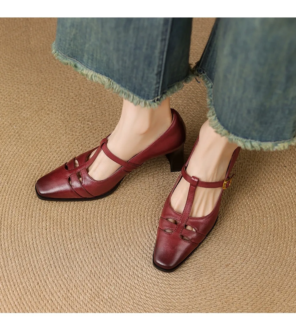Fashionable spring and autumn hollowed-out shallow open single shoes, first layer washed cowhide square toe Mary Jane shoes for women