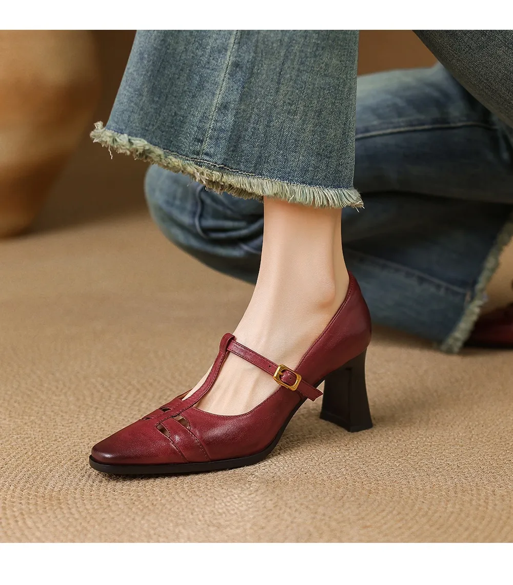 Fashionable spring and autumn hollowed-out shallow open single shoes, first layer washed cowhide square toe Mary Jane shoes for women